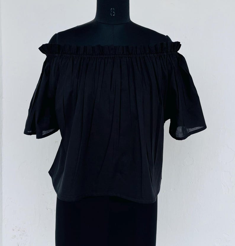Cotton plain black top - women's off-shoulder top - ruffle top