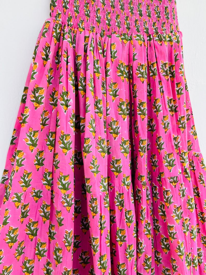 Hand Block Printed Long Cotton Skirt, Floral Shirred Skirt