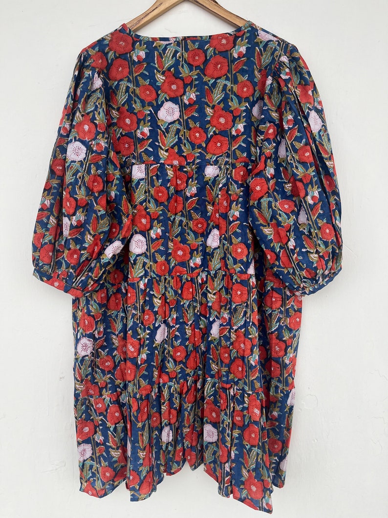 Printed short dress - Henley neckline with cotton ties dress - 3/4th sleeve with button dress