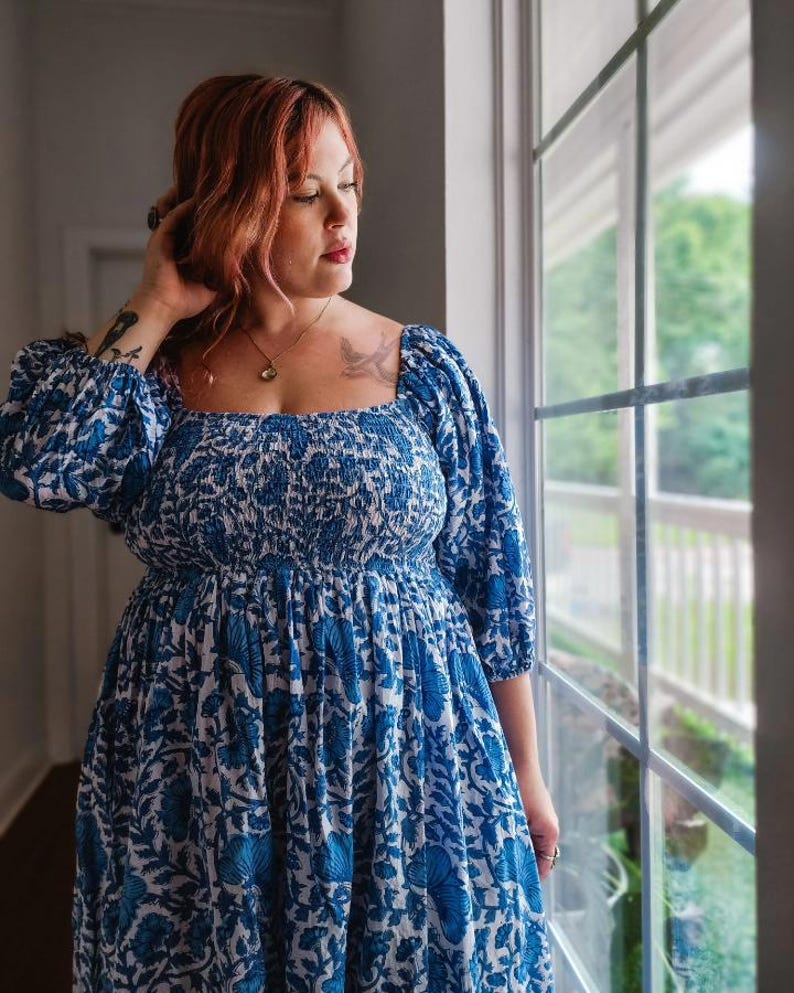 Hand block printed blue floral smocked long maxi, customization available, dress with pockets