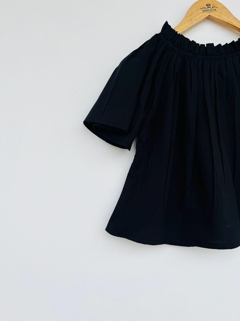 Cotton plain black top - women's off-shoulder top - ruffle top