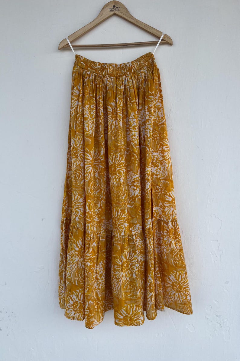 Yellow Cotton Maxi Skirt, Boho Women's Clothing, Floral Skirt