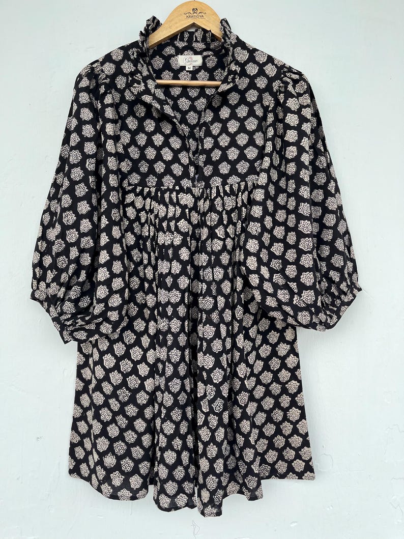 Black floral dress, Hand block printed mini
