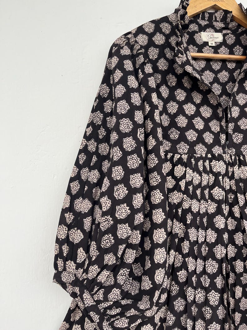 Black floral dress, Hand block printed mini