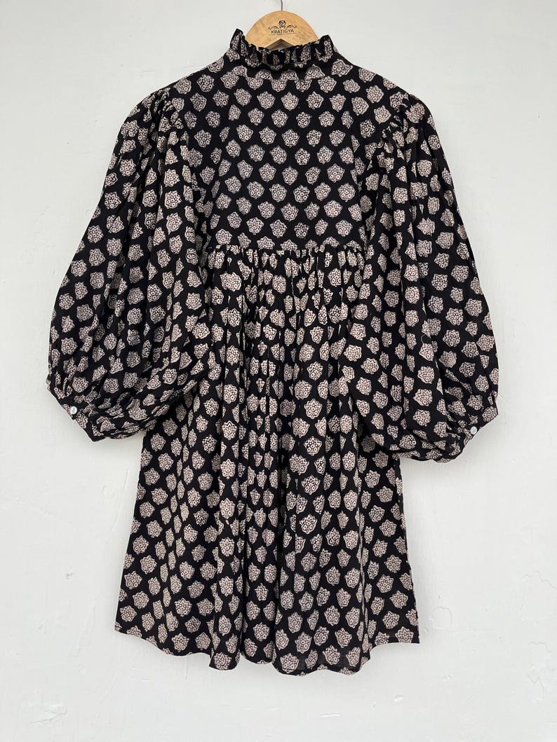 Black floral dress, Hand block printed mini