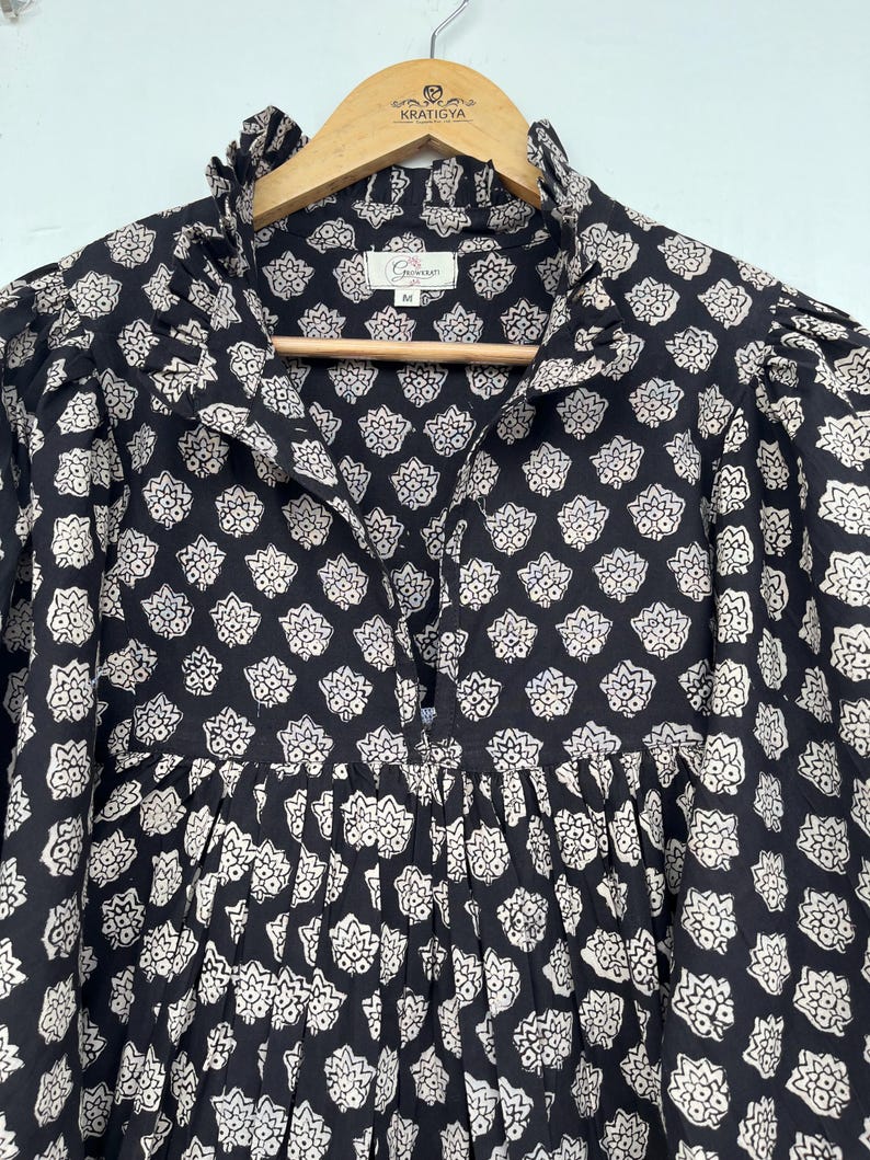 Black floral dress, Hand block printed mini