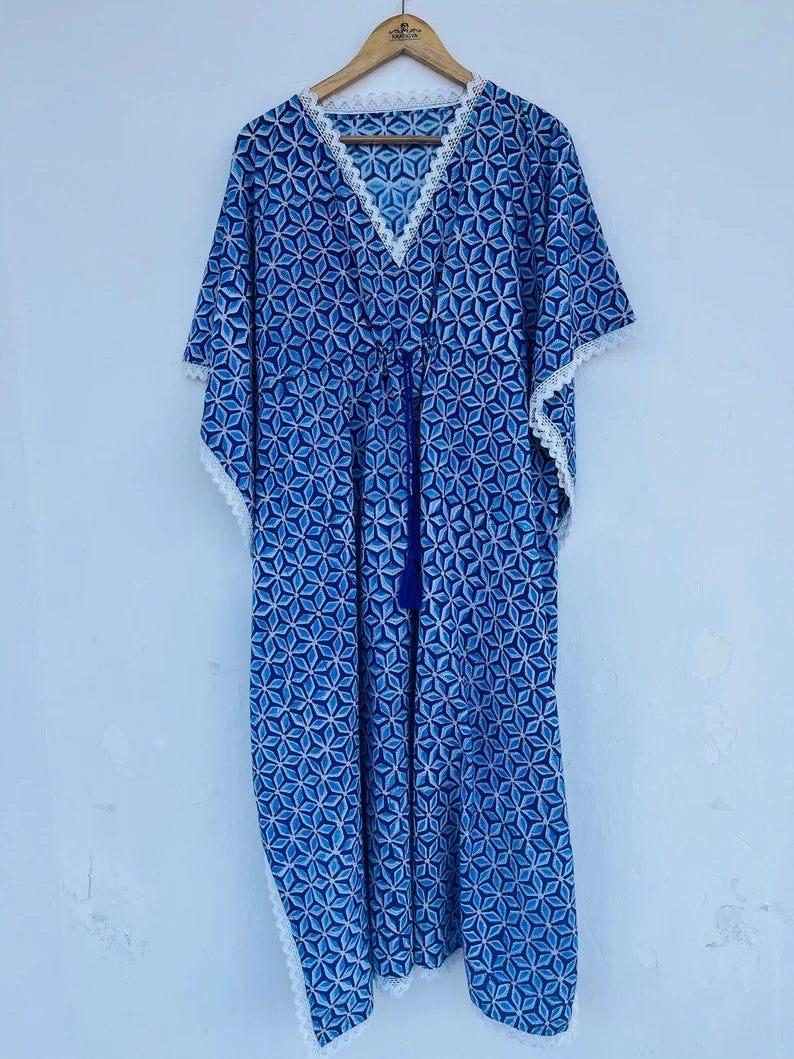 Blue Floral printed kaftan | blue floral beachwear dress | hand block print cotton kaftan | women's cover-ups