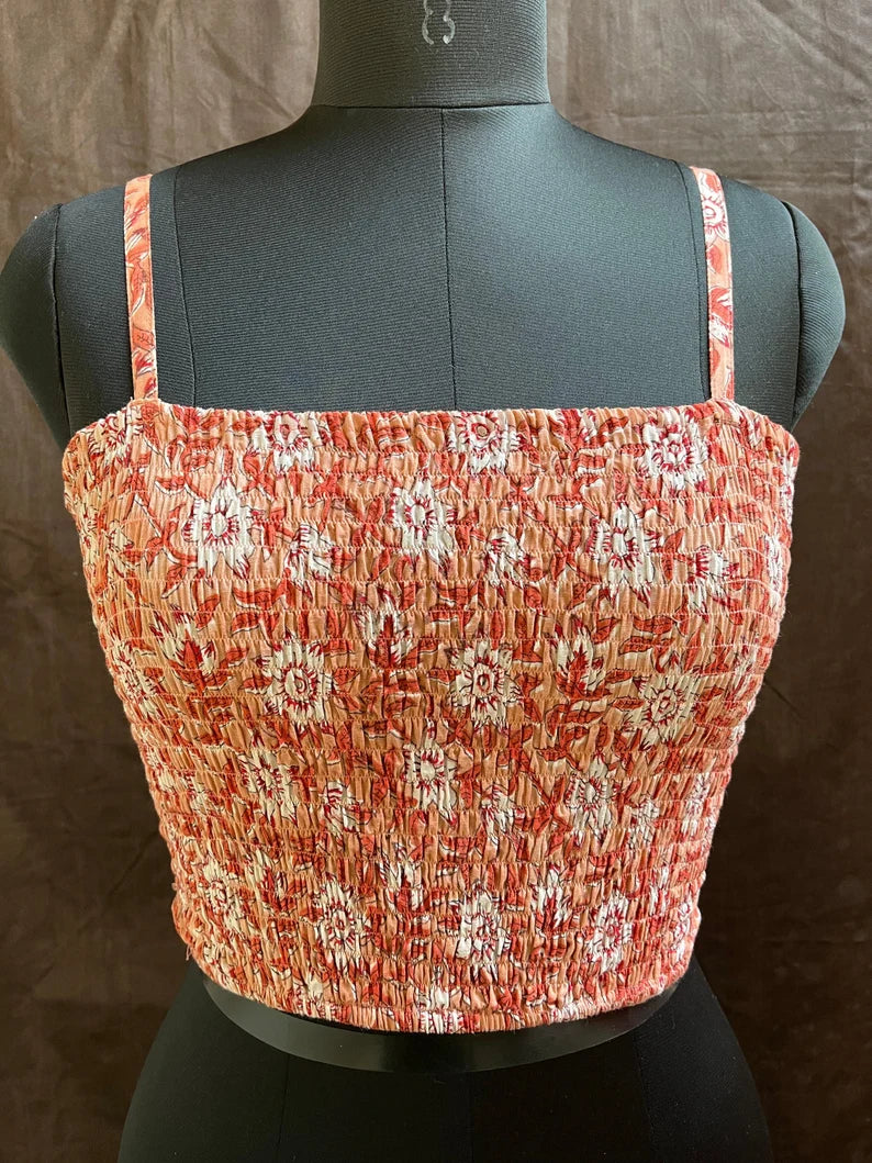 Peach floral top - block print top - shirred flora top