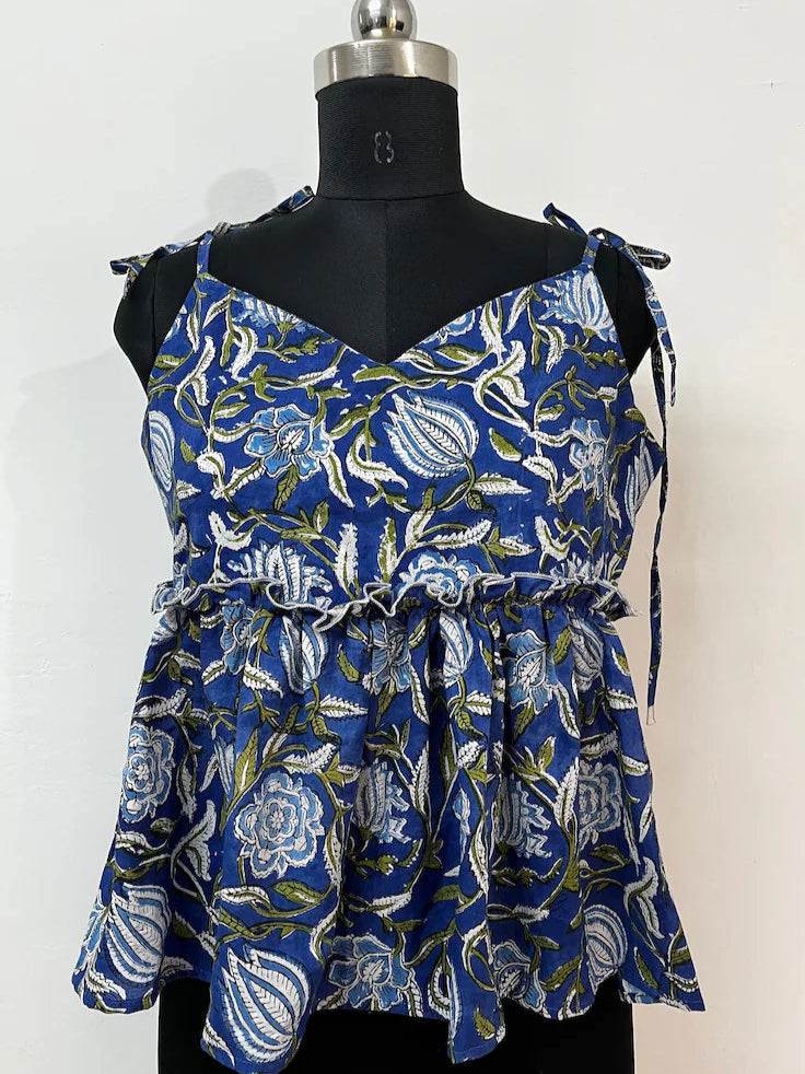 Hand Block Printed Top | Boho Top | Floral Top | Women’s Strap Top | Ruffle Top