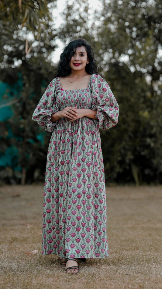 Cotton Maxi Dress | Hand Block Printed Maxi | Floral Long Dress | Smocked Maxi Dress