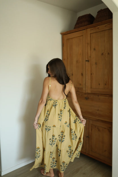 Hand Block Printed Backless Long Cotton Maxi Dress