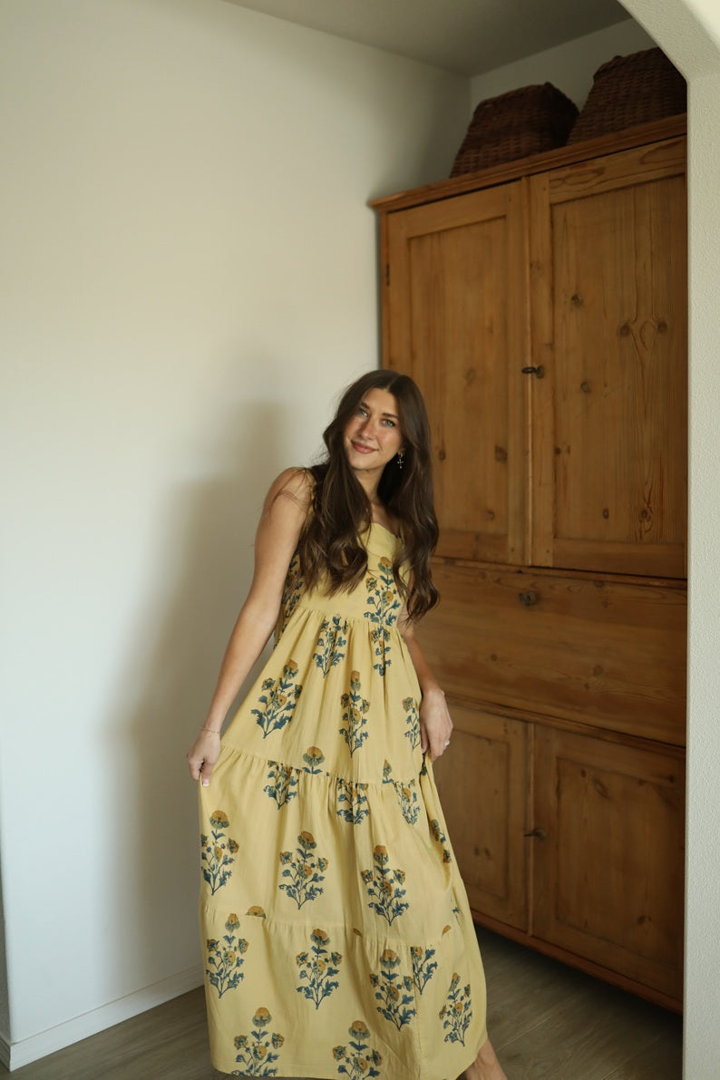 Hand Block Printed Backless Long Cotton Maxi Dress
