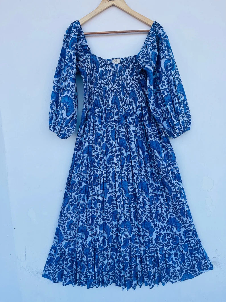 Hand block printed maxi | blue dress | cotton bohemian dress | bobbin dresses | floral printed maxi