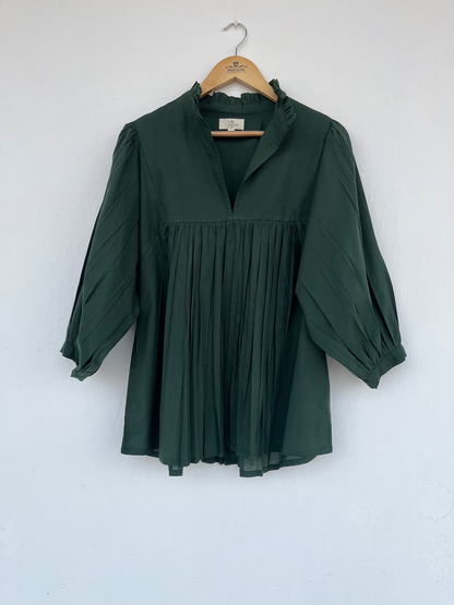 Cotton solid green blouse | frill neck long top | bohemian blouses | ruffle blouses