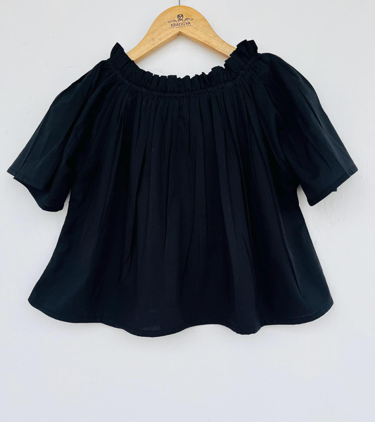 Cotton plain black top - women's off-shoulder top - ruffle top