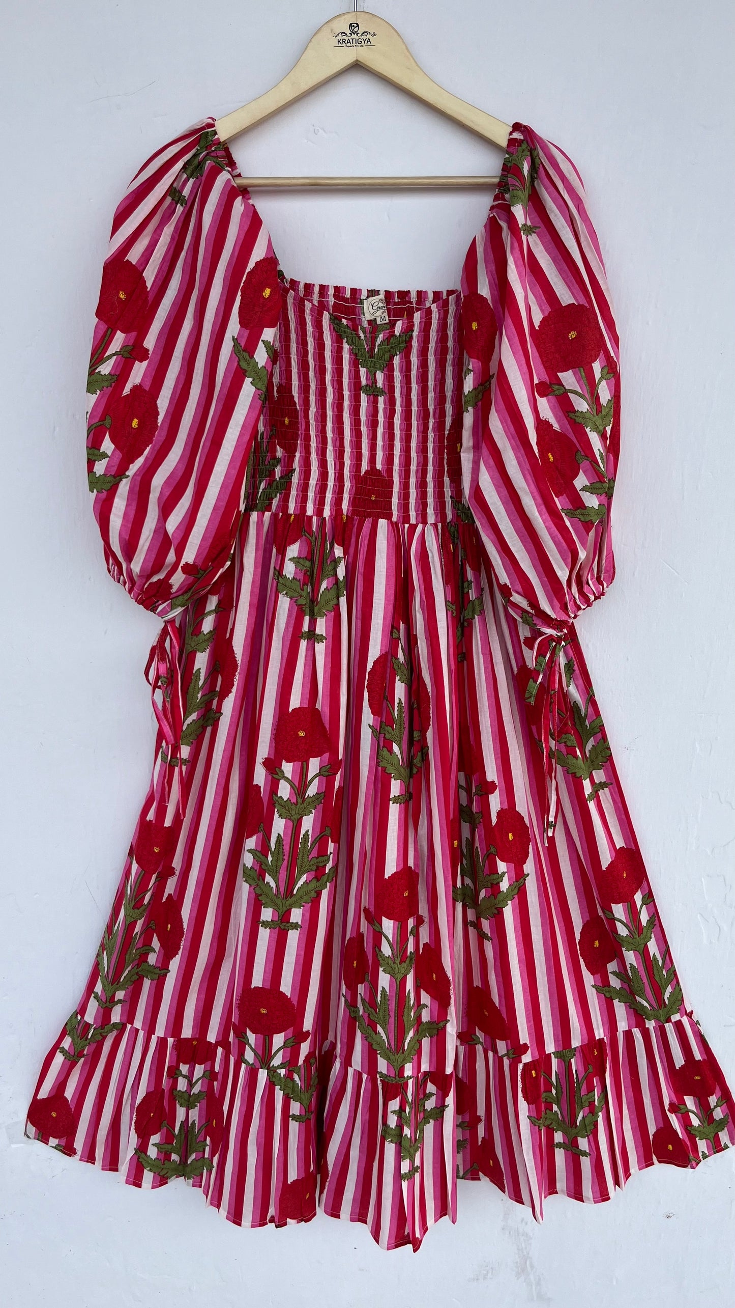 Red Floral Boho Cotton Shirred Maxi Dress