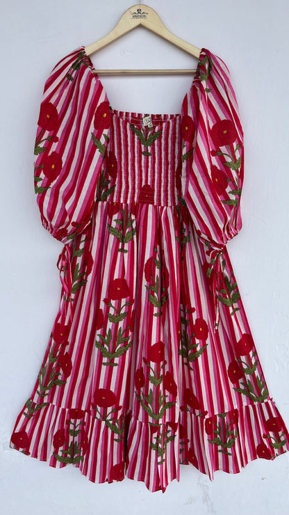 Red Floral Boho Cotton Shirred Maxi Dress