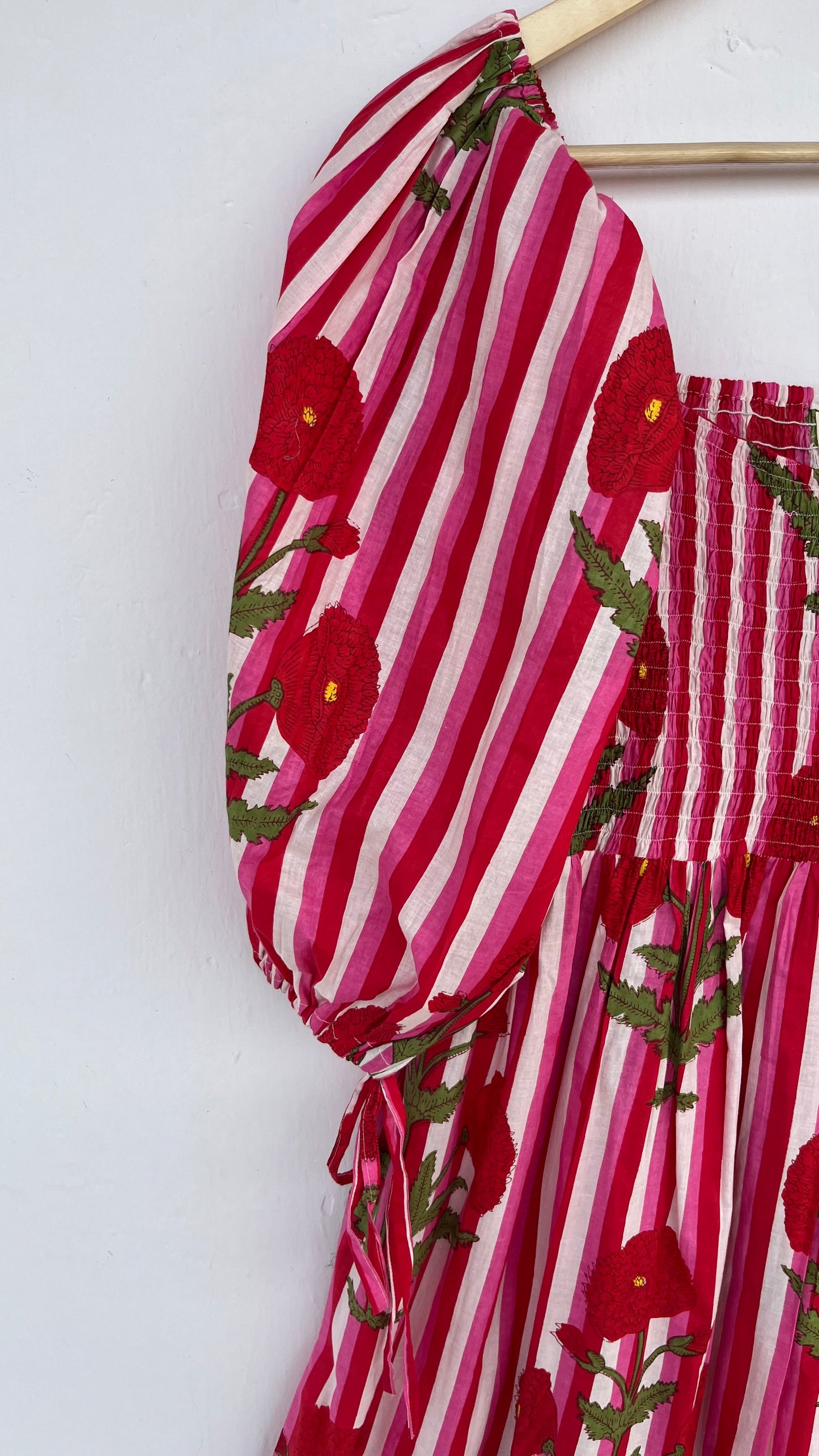 Red Floral Boho Cotton Shirred Maxi Dress