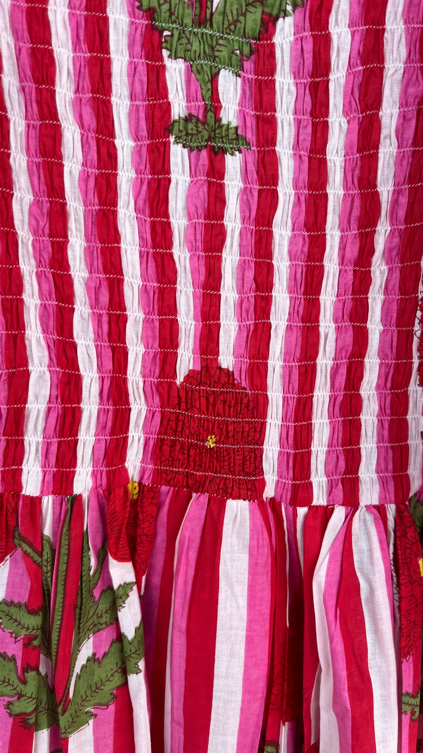 Red Floral Boho Cotton Shirred Maxi Dress