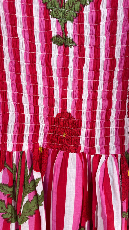 Red Floral Boho Cotton Shirred Maxi Dress