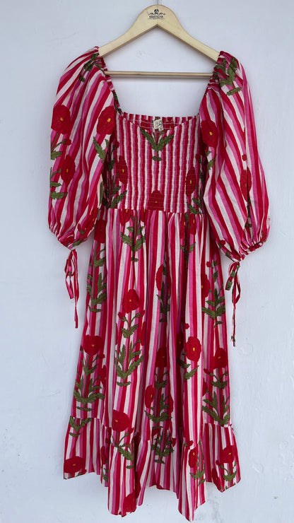 Red Floral Boho Cotton Shirred Maxi Dress