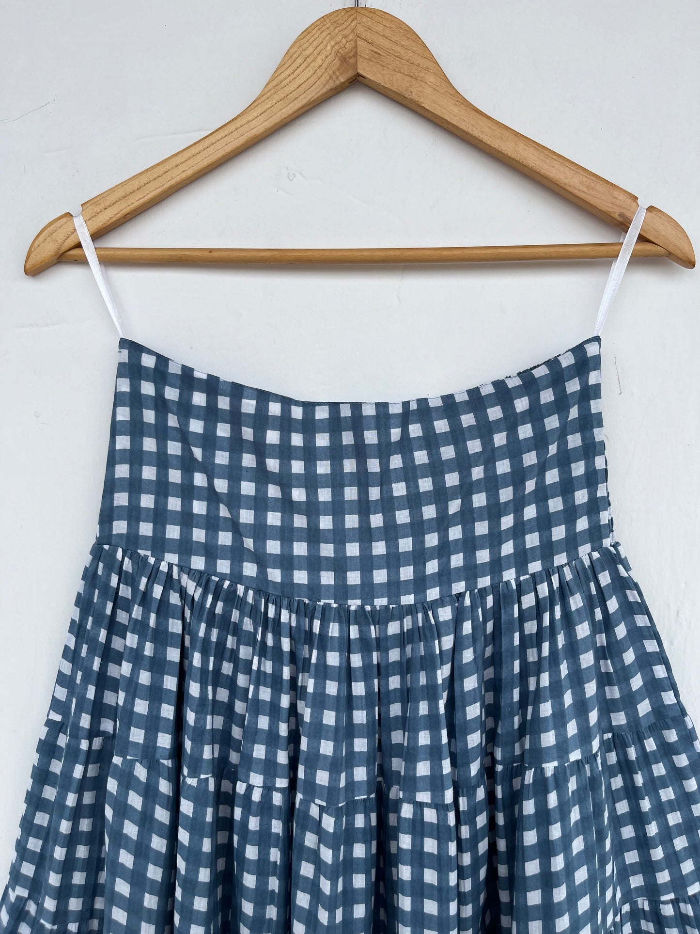 Blue & White Gingham Cotton Tiered Maxi Skirt for Women | Summer Boho Wear