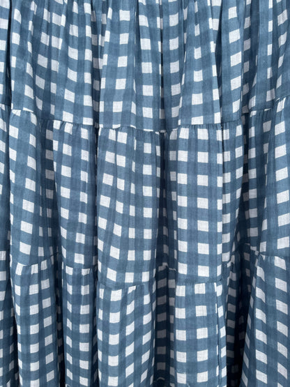 Blue & White Gingham Cotton Tiered Maxi Skirt for Women | Summer Boho Wear
