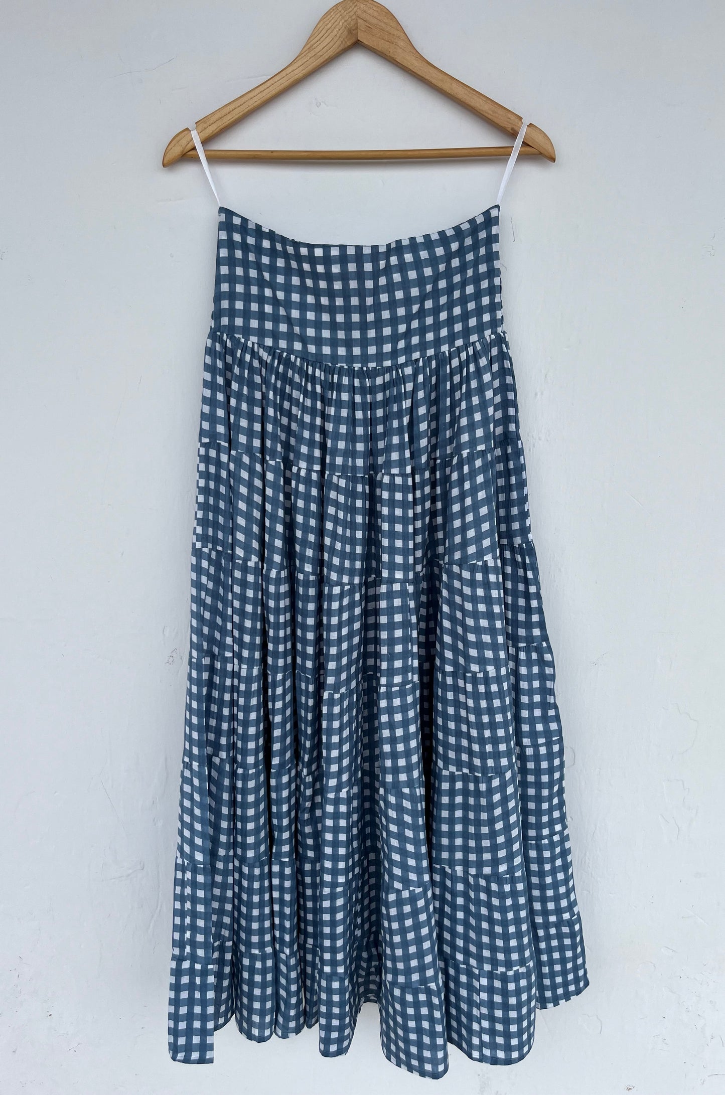 Blue & White Gingham Cotton Tiered Maxi Skirt for Women | Summer Boho Wear