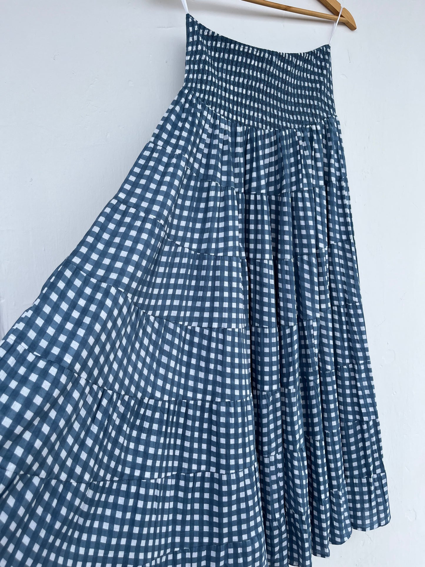 Blue & White Gingham Cotton Tiered Maxi Skirt for Women | Summer Boho Wear