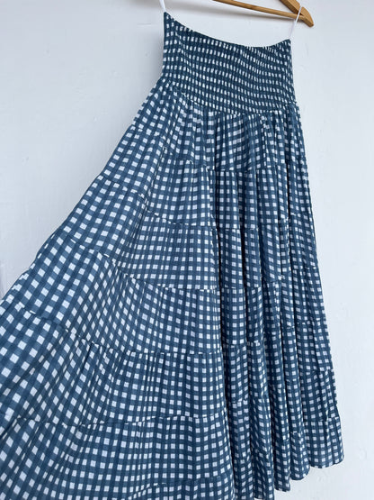 Blue & White Gingham Cotton Tiered Maxi Skirt for Women | Summer Boho Wear