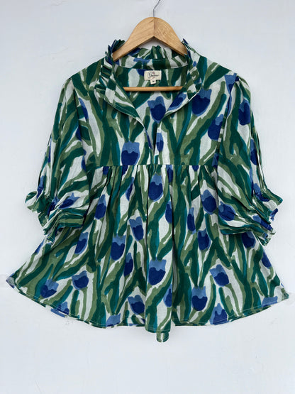 Green Blue Floral Cotton Tunic Top | Hand Block Print Boho Blouse | Relaxed Fit Summer Top | Sustainable Everyday Wear