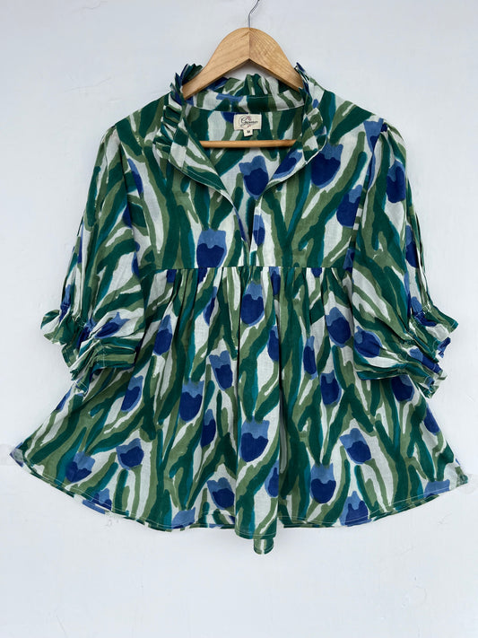 Green Blue Floral Cotton Tunic Top | Hand Block Print Boho Blouse | Relaxed Fit Summer Top | Sustainable Everyday Wear