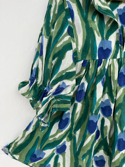 Green Blue Floral Cotton Tunic Top | Hand Block Print Boho Blouse | Relaxed Fit Summer Top | Sustainable Everyday Wear