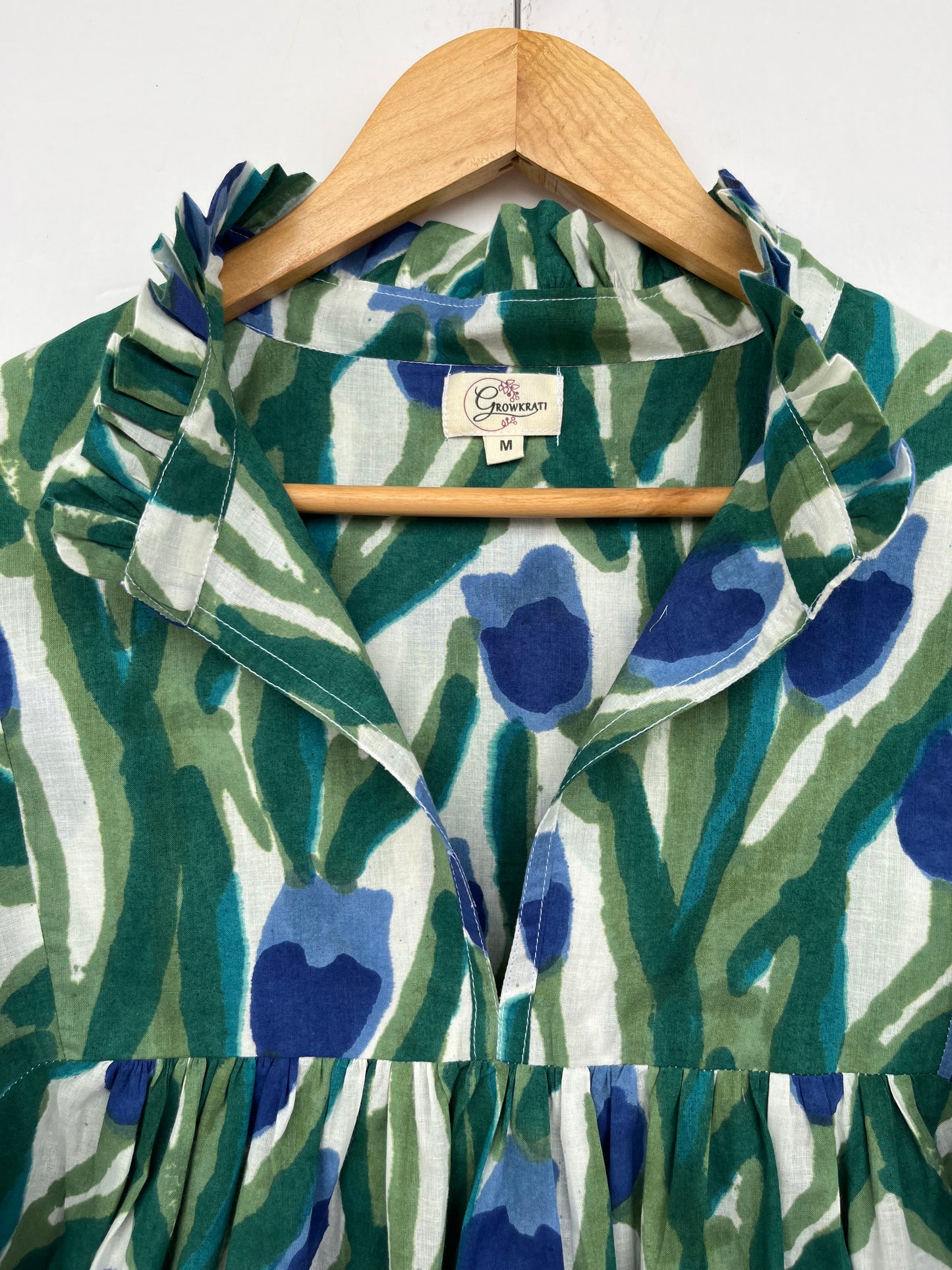 Green Blue Floral Cotton Tunic Top | Hand Block Print Boho Blouse | Relaxed Fit Summer Top | Sustainable Everyday Wear