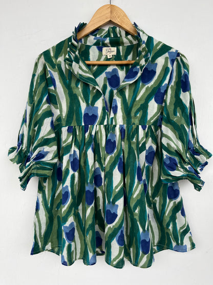 Green Blue Floral Cotton Tunic Top | Hand Block Print Boho Blouse | Relaxed Fit Summer Top | Sustainable Everyday Wear