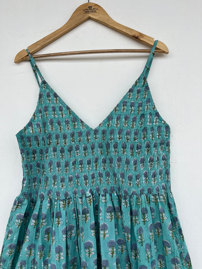 Cotton Bohemian Dress, Sleeveless Deep V Neck Cotton Maxi, Floral Dress, Smocked Dress