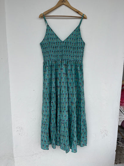 Cotton Bohemian Dress, Sleeveless Deep V Neck Cotton Maxi, Floral Dress, Smocked Dress
