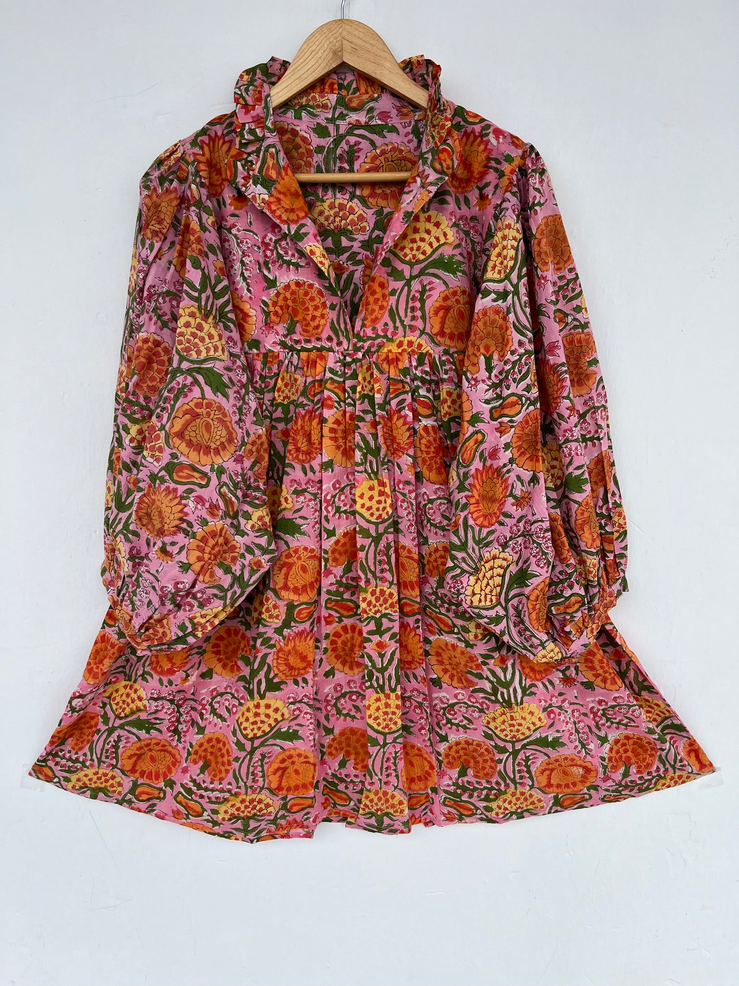 Pink Floral Cotton Mini Dress for Women – Long Sleeve Boho Summer Dress