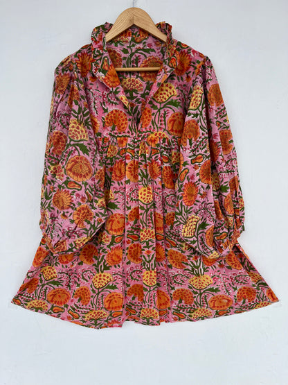 Pink Floral Cotton Mini Dress for Women – Long Sleeve Boho Summer Dress