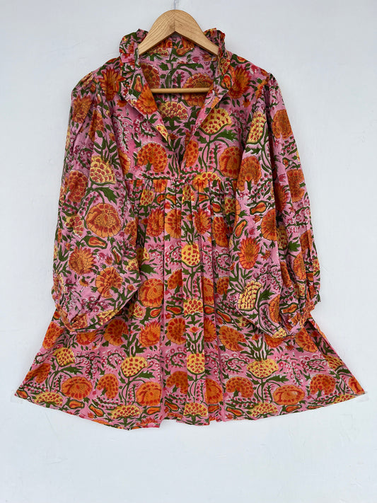 Pink Floral Cotton Mini Dress for Women – Long Sleeve Boho Summer Dress