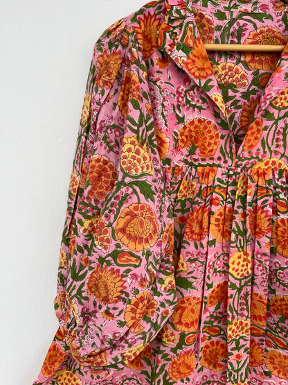 Pink Floral Cotton Mini Dress for Women – Long Sleeve Boho Summer Dress