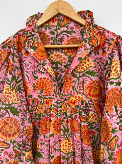 Pink Floral Cotton Mini Dress for Women – Long Sleeve Boho Summer Dress