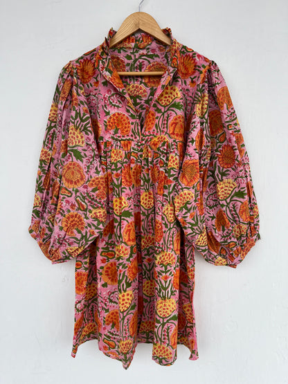 Pink Floral Cotton Mini Dress for Women – Long Sleeve Boho Summer Dress