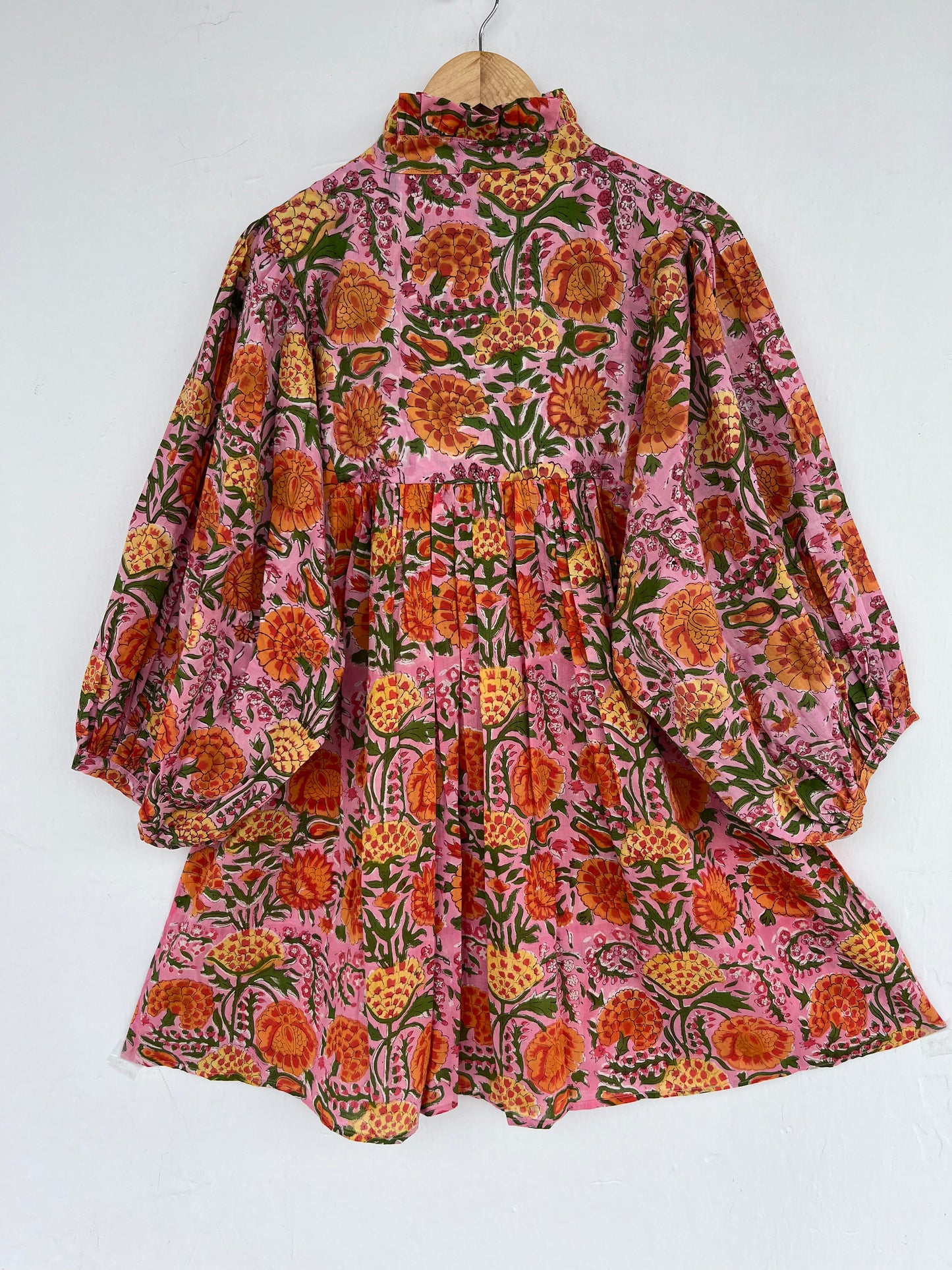 Pink Floral Cotton Mini Dress for Women – Long Sleeve Boho Summer Dress