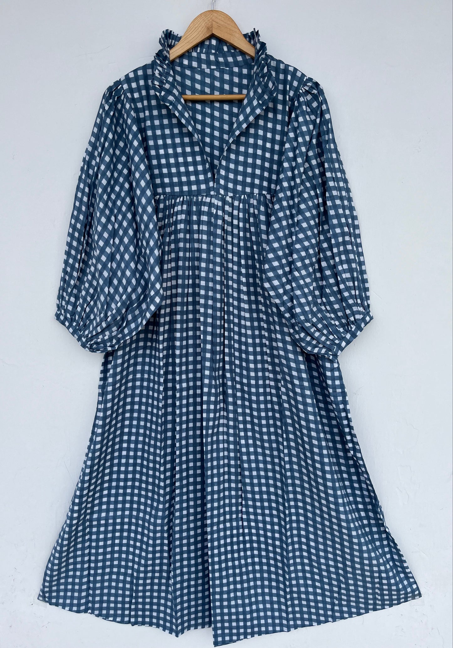 Women’s Blue White Gingham Cotton Dress | Long Sleeve Boho Dress