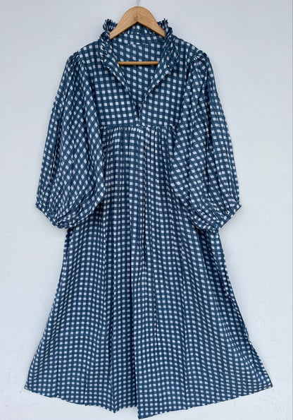 Women’s Blue White Gingham Cotton Dress | Long Sleeve Boho Dress