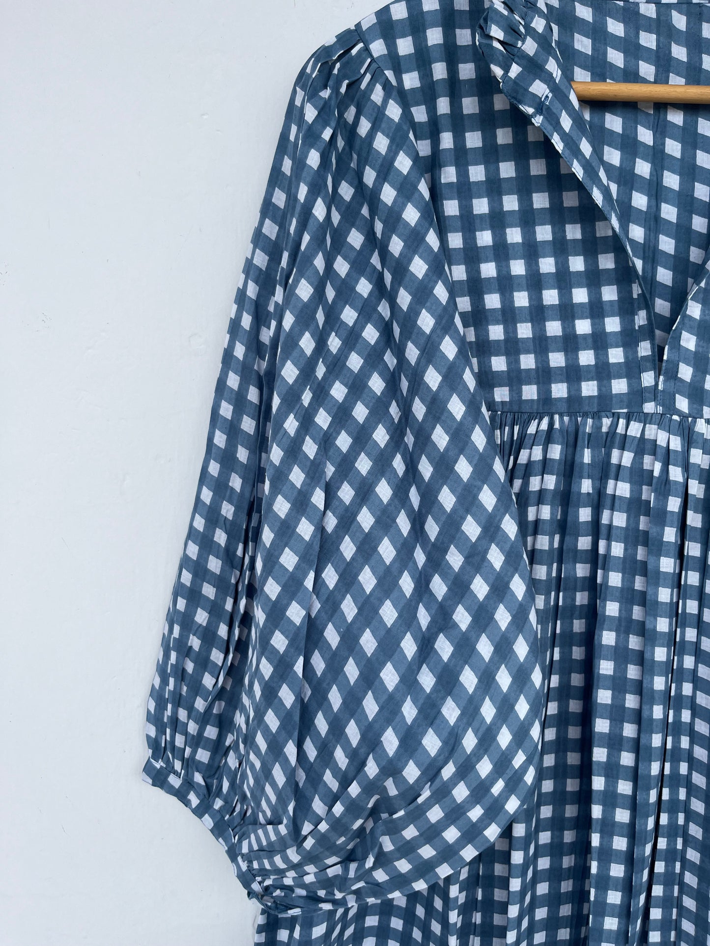 Women’s Blue White Gingham Cotton Dress | Long Sleeve Boho Dress