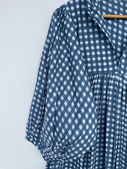Women’s Blue White Gingham Cotton Dress | Long Sleeve Boho Dress