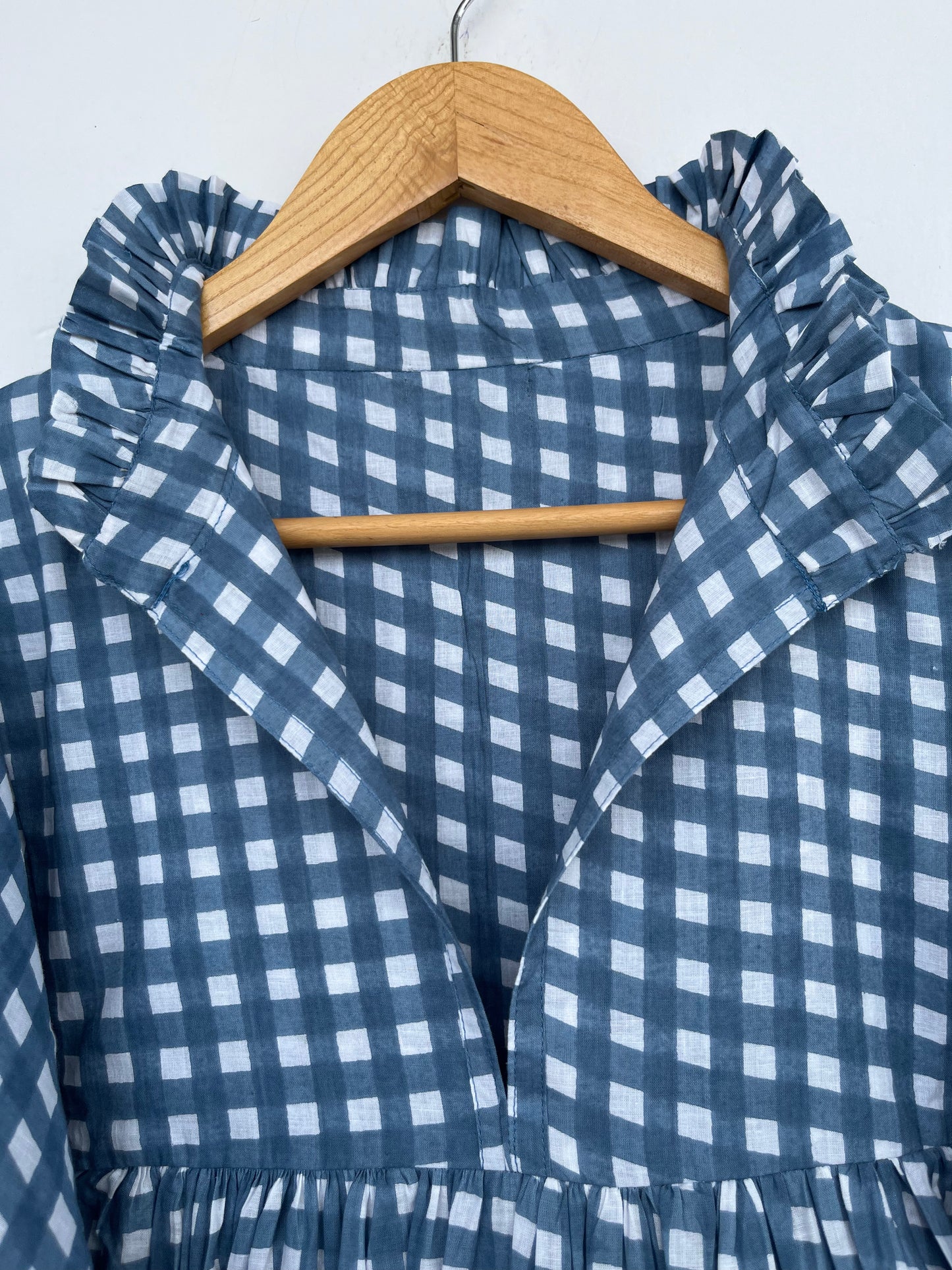 Women’s Blue White Gingham Cotton Dress | Long Sleeve Boho Dress