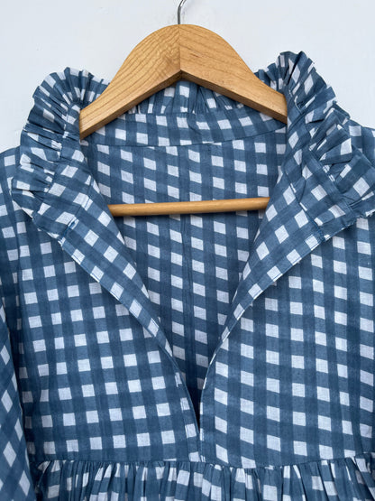 Women’s Blue White Gingham Cotton Dress | Long Sleeve Boho Dress